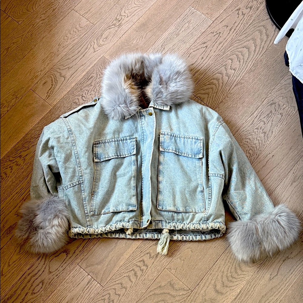 Missguided Light Blue Jean Jacket with Gray Fur Trim